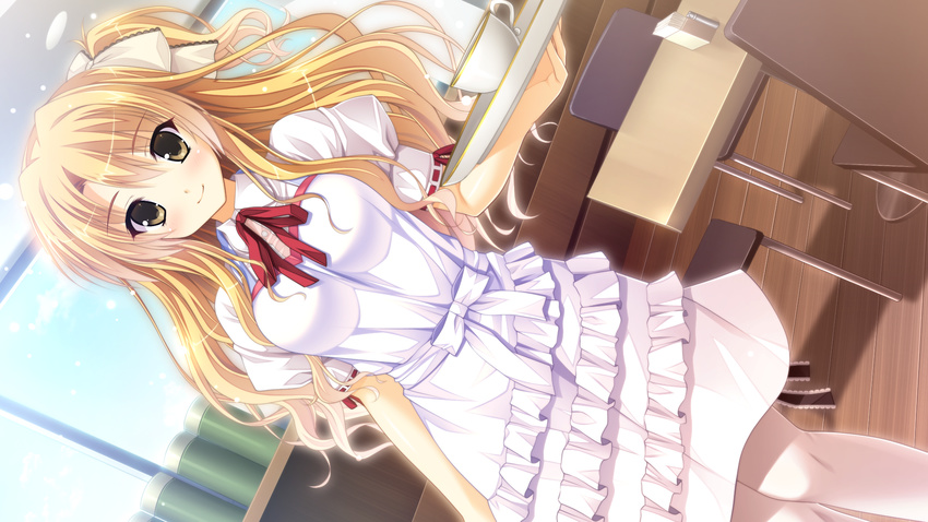 blonde_hair blush cup dress dutch_angle ecchi_de_hentai!_yakimochi_ojou-sama!! female game_cg goma_satoshi highres kurusugawa_alice long_hair looking_at_viewer ribbon smile solo teacup tray waitress wavy_hair white_dress white_legwear