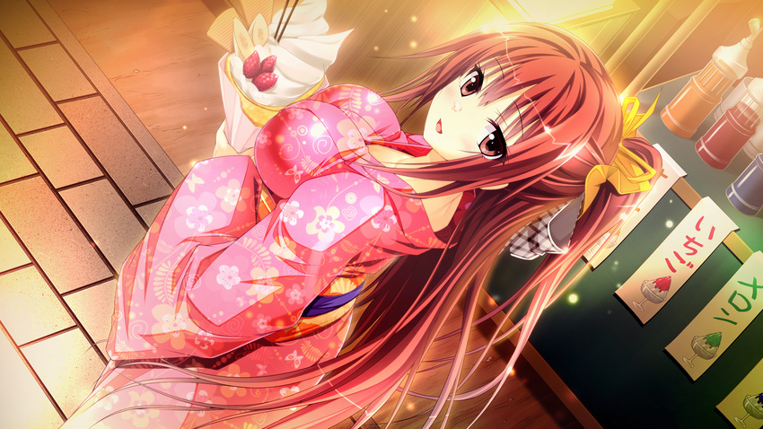 bow breasts cream crepe ecchi_de_hentai!_yakimochi_ojou-sama!! female festival food food_on_face from_above game_cg hairbow highres japanese_clothes kimono large_breasts long_hair looking_at_viewer looking_back pink_kimono ponytail red_eyes red_hair satofuji_masato shiratori_mayu solo very_long_hair yukata