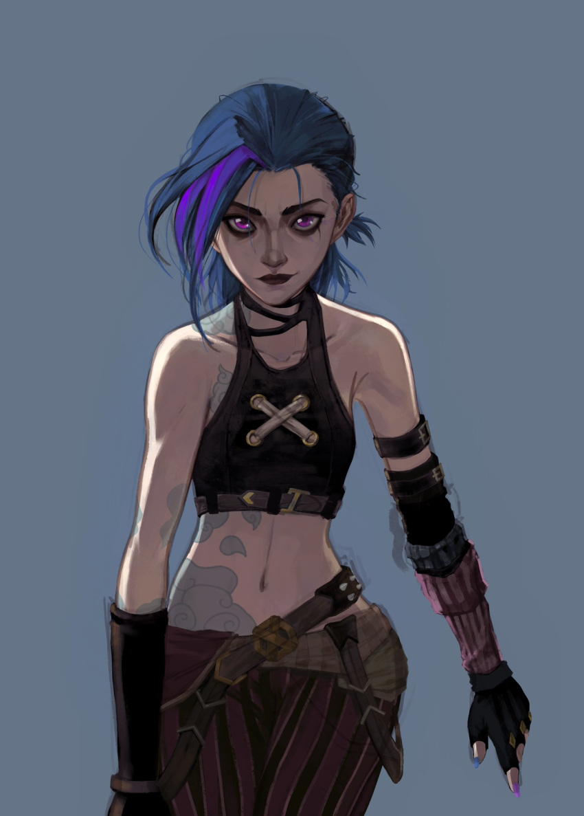 arcane:_league_of_legends arcane_jinx bare_shoulders black_shirt cloud_tattoo collarbone cowboy_shot crop_top female fingerless_gloves gloves green_hair highres jinx_(league_of_legends) league_of_legends long_hair navel pants pink_eyes purple_hair shirt smile solo stomach stomach_tattoo striped_clothes striped_pants tattoo viv.zzz