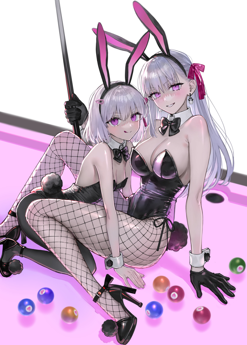 2girls absurdres animal_ears ball bare_shoulders billiard_ball black_gloves black_leotard black_pantyhose blush bow bowtie breasts cleavage cue_stick detached_collar dual_persona earrings fake_animal_ears fake_tail fate/grand_order fate_(series) fishnet_pantyhose fishnets gloves grin hair_ribbon high_heels highleg highleg_leotard highres jewelry kama_(fate) kama_(first_ascension)_(fate) kama_(second_ascension)_(fate) large_breasts leotard licking_lips long_hair looking_at_viewer multiple_girls nipi27 pantyhose playboy_bunny pool_table purple_eyes rabbit_ears rabbit_tail ribbon short_hair small_breasts smile table tail tongue tongue_out white_hair wrist_cuffs