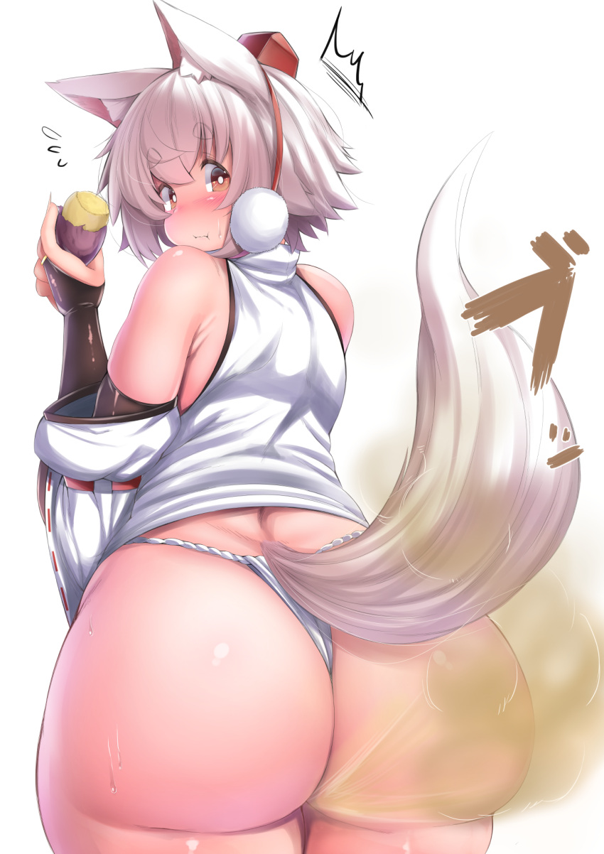 animal_ear_fluff animal_ears ass blush cowboy_shot eating fart female food from_behind fundoshi hat highres inubashiri_momiji japanese_clothes looking_at_viewer looking_back pom_pom_(clothes) red_eyes roasted_sweet_potato shishi_juuroku smell surprised sweatdrop sweet_potato tail tokin_hat touhou translation_request white_hair wolf_ears wolf_girl wolf_tail