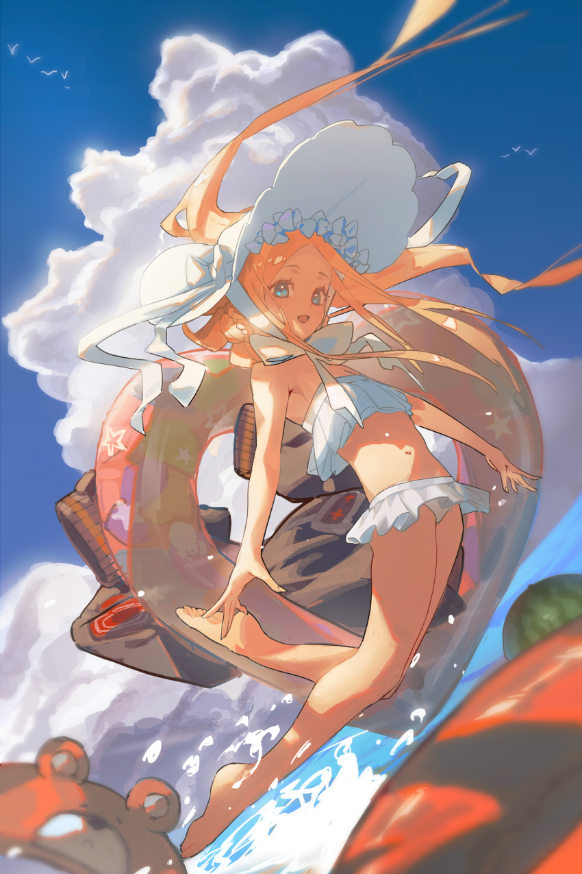 abigail_williams_(fate) abigail_williams_(swimsuit_foreigner)_(fate) abigail_williams_(swimsuit_foreigner)_(third_ascension)_(fate) absurdres akarinchan bare_arms bare_legs bare_shoulders barefoot bikini black_jacket blonde_hair blue_eyes blue_sky bonnet bow chin_strap cloud cumulonimbus_cloud fate/grand_order fate_(series) female flat_chest floating_hair forehead full_body hat hat_bow heart-shaped_innertube highres jacket jumping long_hair looking_at_viewer navel parted_bangs sky solo stomach strapless strapless_bikini swimsuit twintails unworn_jacket very_long_hair water white_bikini white_bow white_hat