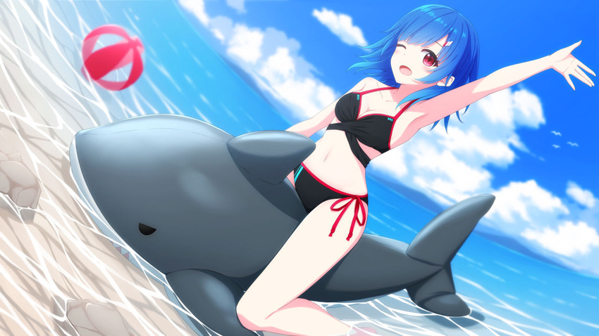 ;d aoi_thomas arm_up armpits ball bare_arms bare_shoulders beachball bikini black_bikini blue_hair blue_sky breasts cleavage cloud cloudy_sky commentary_request copyright_request day dutch_angle feet_out_of_frame female inflatable_shark inflatable_toy looking_at_viewer medium_breasts one_eye_closed open_mouth outdoors red_eyes shallow_water side-tie_bikini_bottom sky smile solo swimsuit transparent virtual_youtuber water