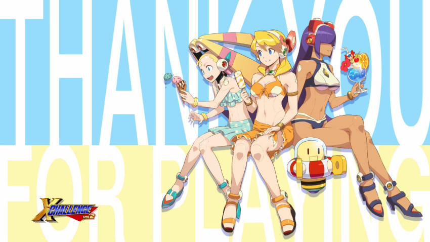 3girls alia_(mega_man) android blonde_hair blue_eyes blunt_bangs breasts dark-skinned_female dark_skin drink english_text flat_chest food green_eyes hair_over_eyes headgear hime_cut ice_cream large_breasts layer_(mega_man) logo long_hair mega_man_(series) mega_man_x8 mega_man_x_(series) mizuno_keisuke mole mole_under_eye multiple_girls official_art official_wallpaper open_mouth pallette_(mega_man) purple_hair robot sandals sitting smile swimsuit thank_you third-party_source twintails underboob