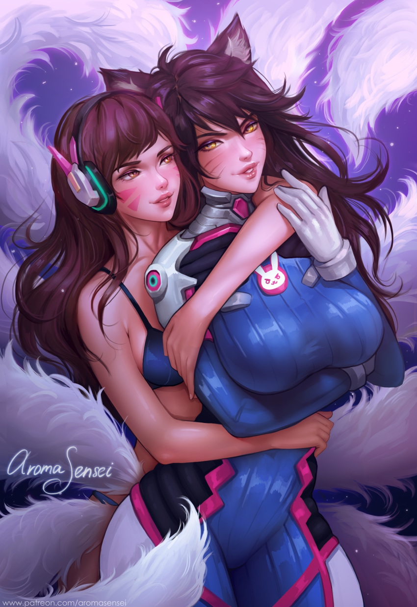 ahri animal_ears aroma_sensei bodysuit bra cosplay crossover d.va kitsune league_of_legends overwatch pantsu tail yuri