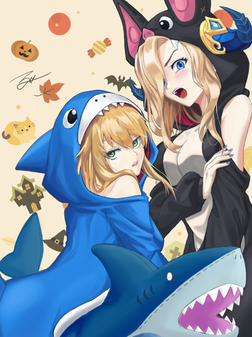 2girls absurdres animal_costume bat_costume blonde_hair blue_eyes blush breasts demon_girl grand_admiral_marina green_eyes guardian_tales hair_over_one_eye highres horns kadiel looking_at_viewer medium_breasts multiple_girls noble_succubus_bianca open_mouth shark_costume sleeveless