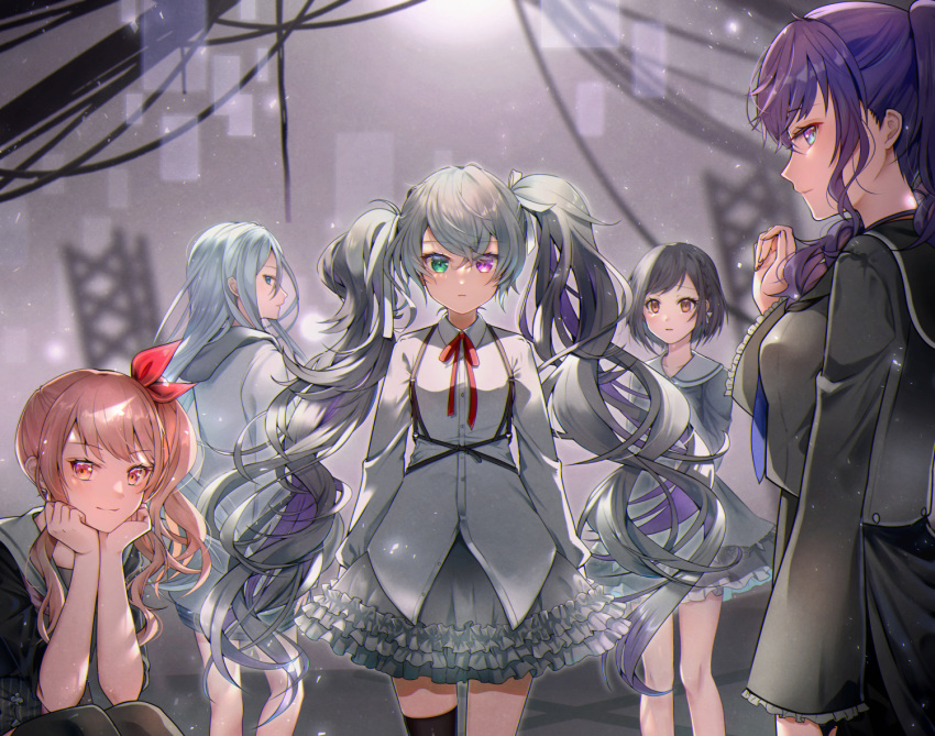 1other 25-ji_miku 25-ji_nightcord_de._(project_sekai) 4girls akiyama_mizuki arm_support arms_at_sides asahina_mafuyu backlighting bare_legs black_hair black_legwear black_sailor_collar black_shirt black_skirt black_thighhighs blouse blue_eyes blue_neckerchief blurry blurry_background bow braid brown_eyes buttons cable chest_harness clenched_hand collarbone collared_dress commentary contrapposto cowboy_shot dot_nose dress elbow_rest eyes_visible_through_hair flat_chest floating_hair frilled_dress frilled_sleeves frills glitch green_eyes grey_background grey_hair grey_hoodie grey_sailor_collar hair_behind_ear hair_between_eyes hair_ribbon hairbow hand_up harness hatsune_miku head_rest heterochromia high-waist_skirt high_ponytail high_side_ponytail hood hood_down hoodie kyashii_(a3yu9mi) lace lace-trimmed_dress lace_trim light_particles long_hair long_skirt long_sleeves looking_afar looking_at_another looking_at_viewer multiple_girls neck_ribbon neckerchief parted_lips pink_eyes pink_hair profile project_sekai puffy_long_sleeves puffy_sleeves purple_eyes purple_hair rafters red_bow red_ribbon ribbon sailor_collar serious shinonome_ena shirt short_dress short_hair side_ponytail sidelocks sideways_glance simple_background single_thighhigh skirt sleeves_rolled_up straight_hair striped_clothes striped_skirt thighhighs truss tsurime twintails vertical-striped_clothes vertical-striped_skirt very_long_hair vocaloid wavy_hair white_ribbon yoisaki_kanade zettai_ryouiki