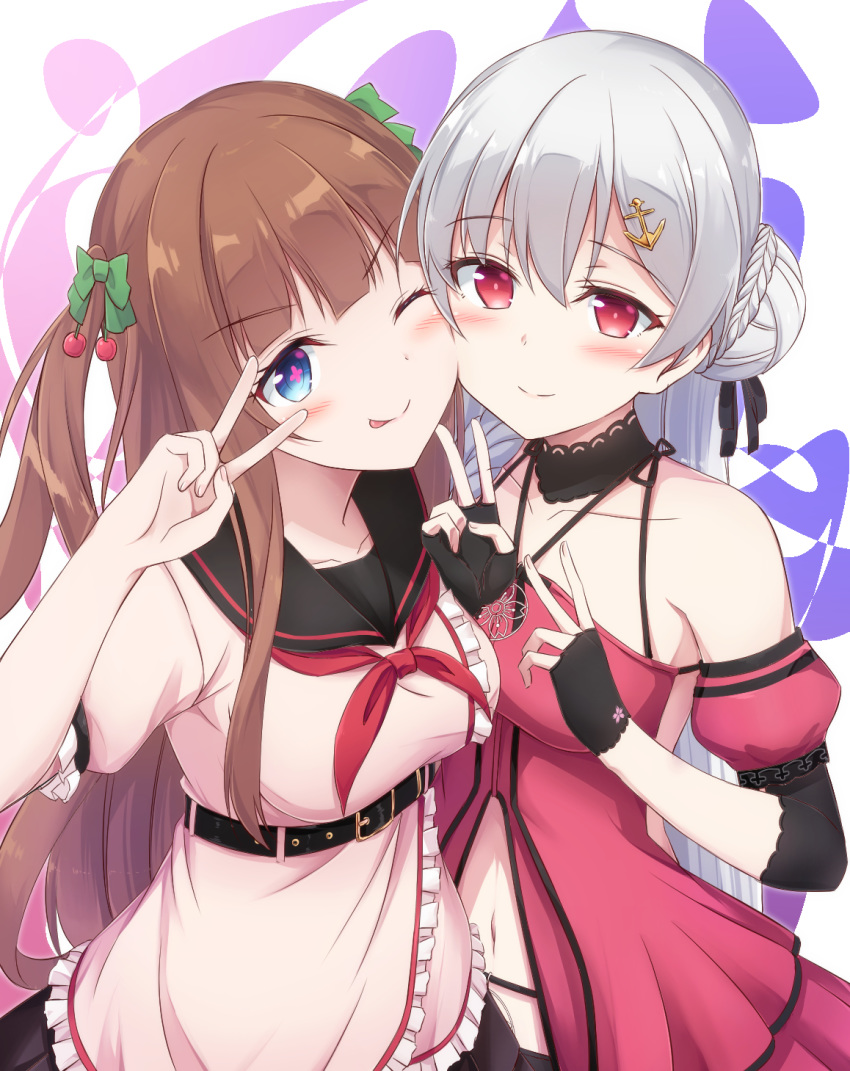 .live 2girls ;p anchor_hair_ornament bassa belt blue_eyes blush breasts brown_hair cheek-to-cheek cherry_hair_ornament collarbone food-themed_hair_ornament hair_between_eyes hair_ornament heads_together highres kakyouin_chieri long_hair looking_at_viewer multiple_girls navel one_eye_closed red_eyes school_uniform smile tongue tongue_out twintails v virtual_youtuber white_hair yozakura_tama