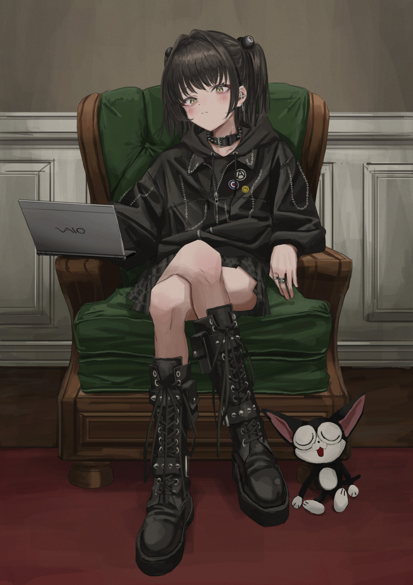 absurdres anarchy_symbol armchair badge black_footwear black_hair black_hoodie blush button_badge chair closed_mouth collar computer copyright_request cross-laced_footwear crossed_legs female gishiki_(gshk) hair_intakes highres hood hood_down hoodie jewelry laptop long_sleeves looking_at_viewer miniskirt multiple_rings on_chair original pleated_skirt ring sitting skirt smiley_face solo spiked_collar spikes twintails vaio yellow_eyes