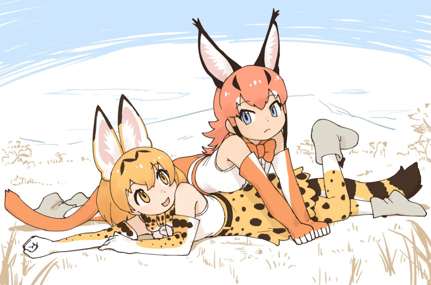 2girls :3 :d animal_ears bare_shoulders black_hair blonde_hair bow bowtie caracal_(kemono_friends) clenched_hands elbow_gloves frilled_skirt frills gloves grass hair_between_eyes hill kemono_friends looking_at_another lying lying_on_person multicolored_hair multiple_girls on_stomach open_mouth orange_bow orange_bowtie orange_hair orange_tail print_bow print_bowtie rumenia_(ao2is) serval_(kemono_friends) serval_print short_hair skirt sleeveless smile tail traditional_bowtie two-tone_bowtie two-tone_hair white_background white_bow white_bowtie