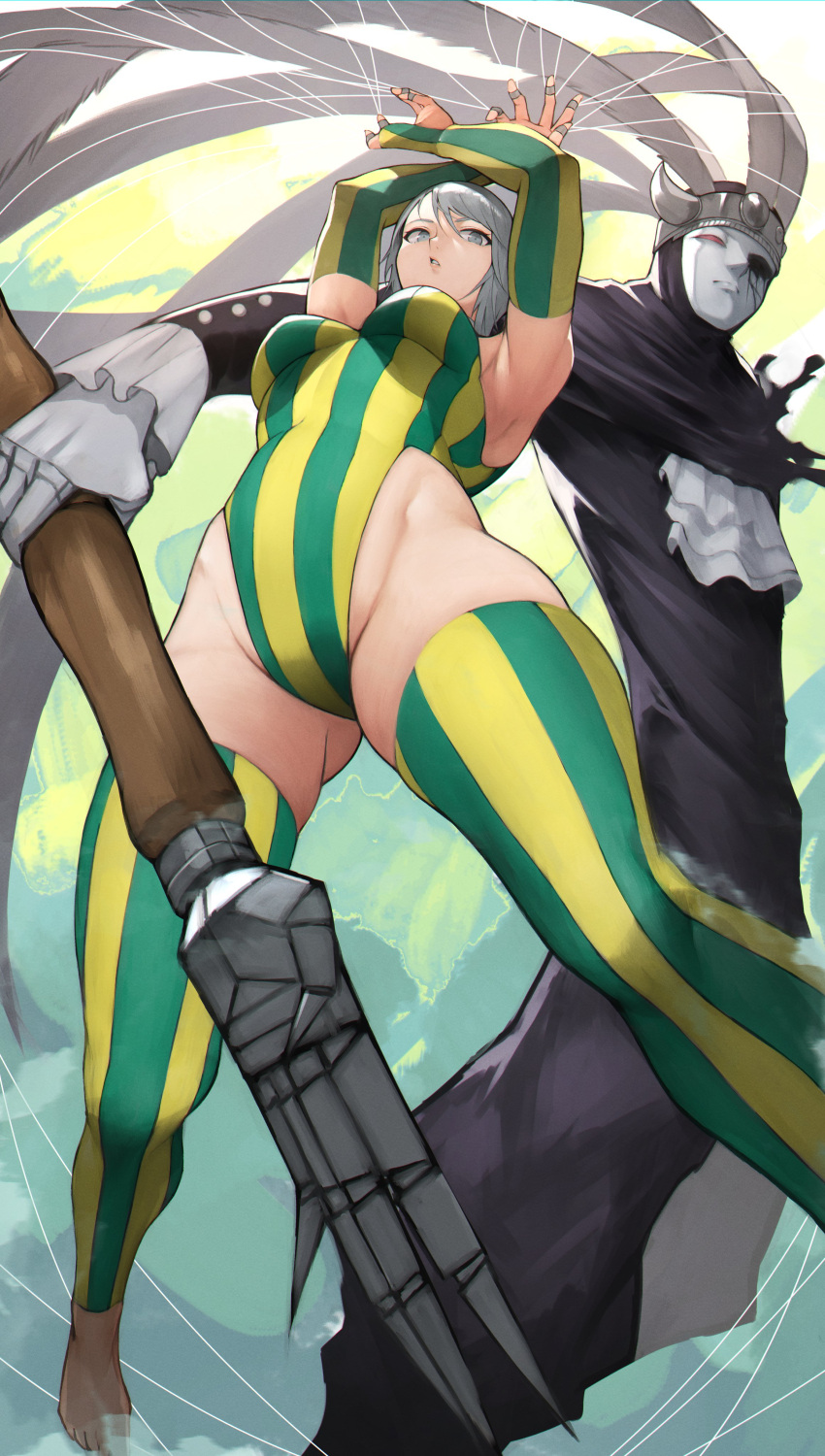 absurdres armpits arms_up ass_visible_through_thighs barefoot breasts commentary female from_below green_legwear green_leotard grey_eyes grey_hair groin hair_between_eyes harlequin_(karakuri_circus) highleg highleg_leotard highres karakuri_circus legs_apart leotard parted_lips puppet_strings shirogane_(karakuri_circus) short_hair standing striped_clothes striped_leotard striped_thighhighs swept_bangs thick_thighs thighhighs thighs two-tone_legwear two-tone_leotard vertical-striped_clothes vertical-striped_leotard vertical-striped_thighhighs yellow_legwear yellow_leotard yoshio_(55level)