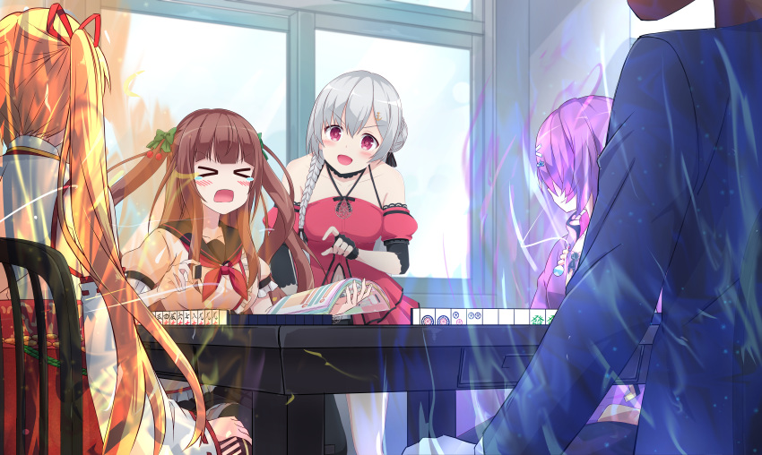 >_< .live 1boy 4girls absurdres aura bacharu_(vtuber) bassa blonde_hair book brown_hair collarbone crossover crying detached_sleeves glowing grey_hair hair_ornament hairclip highres kakyouin_chieri kiso_azuki kongou_iroha long_hair mahjong mahjong_table mahjong_tile multiple_girls open_mouth purple_hair red_eyes school_uniform short_hair sitting table tears twintails virtual_youtuber window yozakura_tama