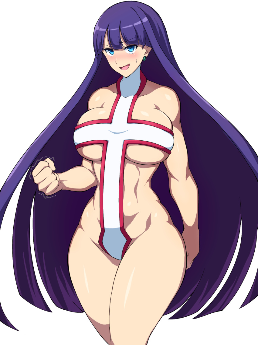 absurdres blue_eyes blunt_bangs blush breasts clenched_hand covered_navel cowboy_shot cross cross_swimsuit fate/grand_order fate_(series) female hair_between_eyes highres hip_bones ko_ban98 large_breasts long_hair looking_at_viewer martha_(fate) open_mouth purple_hair smile solo standing straight_hair swimsuit v-shaped_eyebrows