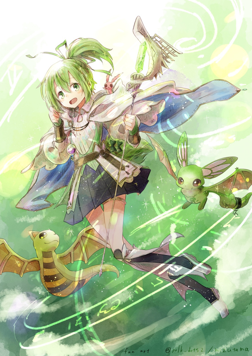 boots cloak crystal duel_monster female green_eyes green_hair green_theme highres mizutama_(mizutamalion) petit_dragon pleated_skirt ponytail skirt staff wynn_(yu-gi-oh!) wynn_the_wind_channeler yu-gi-oh!