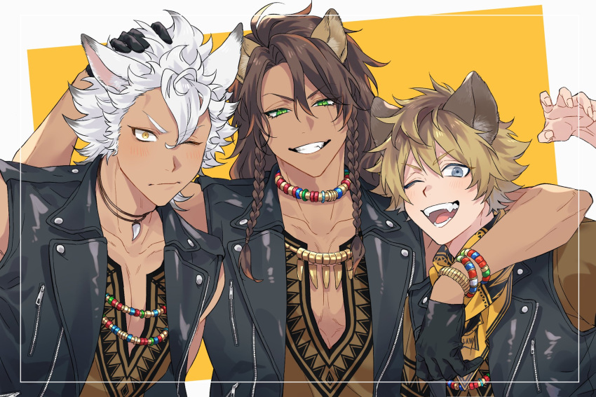 3boys ;d ;| african_clothes animal_ears arm_around_neck bad_id bad_twitter_id bead_bracelet bead_necklace beads biker_clothes black_gloves blonde_hair blue_eyes bracelet braid brown_hair claw_pose collarbone dark-skinned_male dark_skin dashiki fangs frown gloves gold_necklace green_eyes hair_between_eyes hand_in_another's_hair hand_on_another's_head highres hyena_boy hyena_ears jack_howl jewelry leather_vest leona_kingscholar light_blush lion_boy lion_ears long_bangs long_hair looking_at_viewer male_focus multiple_boys neckerchief necklace one_eye_closed pale_skin pectoral_cleavage pectorals ruggie_bucchi scar scar_across_eye short_hair short_sleeves sleeveless slit_pupils smile taufu_(gnb0102) tooth_necklace tribal_print twin_braids twisted_wonderland two-tone_background v-shaped_eyebrows viewfinder white_background white_hair wolf_boy wolf_ears yellow_background yellow_eyes zipper