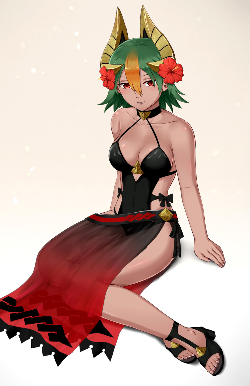 alternate_costume bad_id bad_pixiv_id bare_shoulders black_footwear black_one-piece_swimsuit breasts choker cleavage collarbone covered_navel female fire_emblem fire_emblem_heroes flower full_body gradient_background green_hair hair_between_eyes hair_flower hair_ornament hibiscus highres horn_ornament horns laegjarn_(fire_emblem) laegjarn_(summer)_(fire_emblem) legs_together looking_at_viewer medium_breasts multicolored_hair one-piece_swimsuit orange_hair pazuzu438 red_eyes sandals sarong see-through short_hair sitting solo swimsuit thighs two-tone_hair white_background