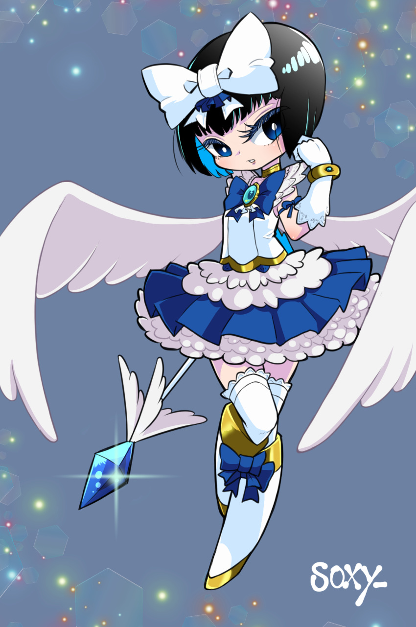 1boy artist_name black_hair blue_background blue_eyes bob_cut bokura_wa_mahou_shounen boots bracelet bright_pupils commentary_request crossdressing frilled_skirt frills full_body gem gloves highres jewelry kaibara_makoto magical_boy male_focus otoko_no_ko parted_lips sazameki_blue simple_background skirt solo soxy staff wings