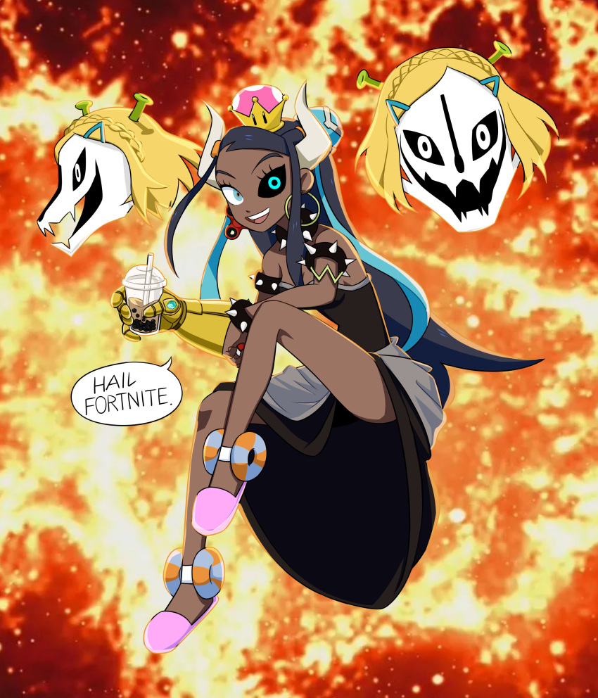 absurdres antennae armlet avengers:_infinity_war avengers_(series) backlighting bare_shoulders black_dress black_sclera blonde_hair blue_eyes blue_hair bowsette bowsette_(cosplay) bracelet braid breasts bubble_tea colored_sclera commentary cosplay crown crown_braid cup dark-skinned_female dark_skin diamond_(gemstone) dress drink drinking_straw earrings eldritch_abomination english_text female fidget_spinner fire flowers-imh fortnite full_body fusion gasterblaster gauntlets hair_ornament hairclip happy heterochromia highres holding holding_poke_ball hoop_earrings horns infinity_gauntlet invisible_chair jewelry jpeg_artifacts leg_up long_hair looking_at_viewer mario_(series) marvel marvel_cinematic_universe medium_dress meme minecraft mismatched_earrings mismatched_sclera multicolored_hair nessa_(pokemon) new_super_mario_bros._u_deluxe open_mouth pink_footwear pink_headwear poke_ball poke_ball_(basic) pokemon pokemon_swsh princess_zelda princess_zelda_(cosplay) red_background sans_(undertale) short_hair shrek shrek_(series) single_gauntlet sitting skull slippers small_breasts smile solo_focus speech_bubble spiked_bracelet spikes strapless strapless_dress super_crown symbol-only_commentary talking teeth the_legend_of_zelda the_legend_of_zelda:_tears_of_the_kingdom too_many_memes two-tone_hair undertale very_long_hair what white_eyes