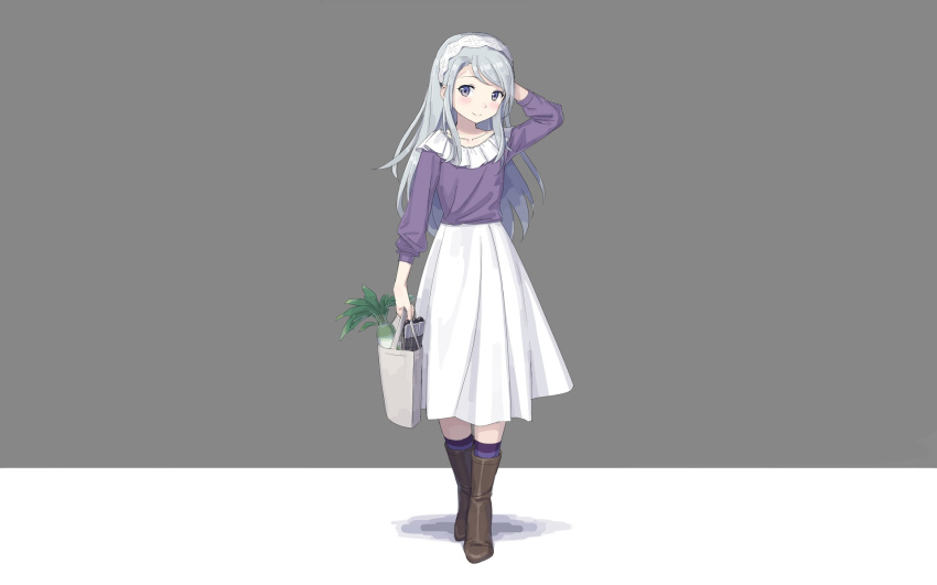 alternate_costume bad_id bad_pixiv_id boots brown_footwear cnm collarbone female grey_hair highres holding kantai_collection long_hair long_sleeves purple_eyes radish sagiri_(kancolle) skirt smile solo standing torpedo white_skirt