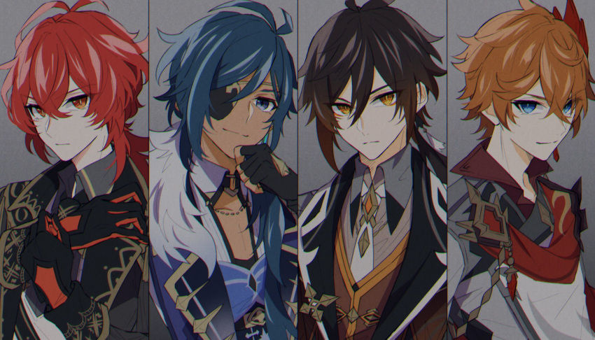 4boys black_hair blue_eyes blue_hair column_lineup diluc_(genshin_impact) eyepatch genshin_impact hair_between_eyes highres kaeya_(genshin_impact) long_hair looking_at_viewer male_focus mizuamememe multiple_boys orange_hair portrait red_hair short_hair simple_background tartaglia_(genshin_impact) yellow_eyes zhongli_(genshin_impact)