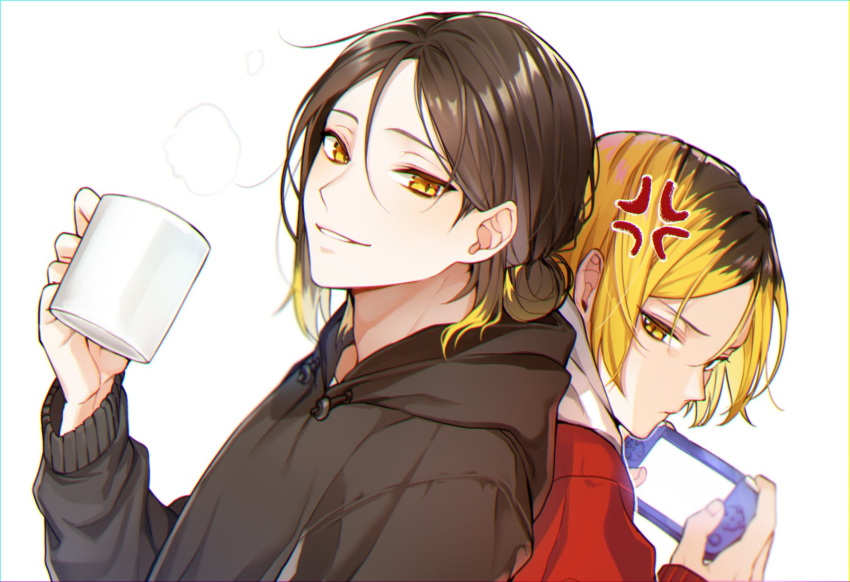 2boys aged_up anger_vein back-to-back bad_id bad_twitter_id bari_dal blonde_hair cup dual_persona haikyuu!! hair_bun handheld_game_console highres holding holding_cup holding_handheld_game_console hood hood_down hoodie korean_commentary kozume_kenma male_focus multicolored_hair multiple_boys single_hair_bun smile steam time_paradox two-tone_hair white_background yellow_eyes