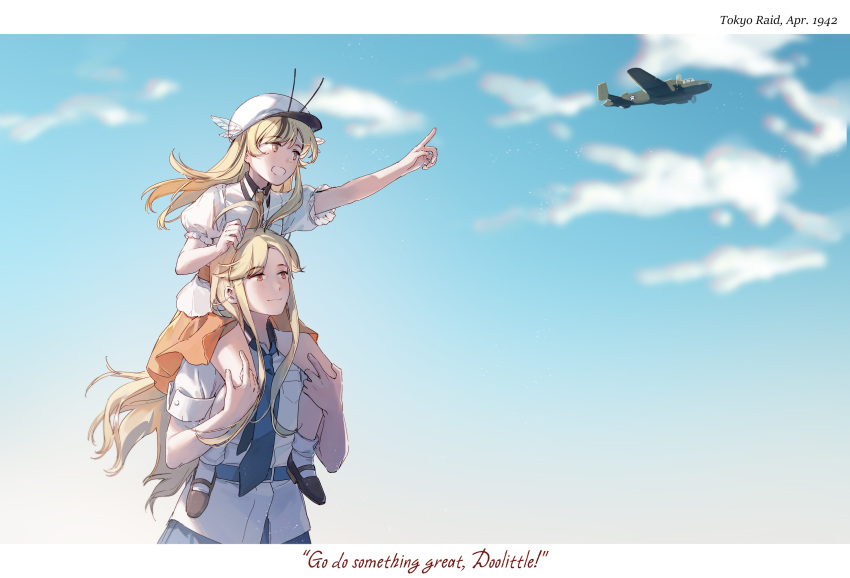 2girls ahoge aircraft airplane b-25_mitchell black_hair blue_necktie bomber carrying cloud day flat_cap hat highres long_hair military military_vehicle multicolored_hair multiple_girls necktie orange_eyes orange_skirt original outdoors personification red_eyes shirt short_sleeves shoulder_carry sidelocks skirt streaked_hair uss_enterprise_(cv-6) uss_hornet_(cv-8) white_headwear white_shirt yorktown_cv-5