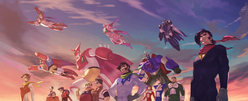 5girls 6+boys akiyama_tsubaki benkei_kuruma black_getter cape clenched_hands daidou_gai drill fat fat_man flying getter-1 getter_dragon getter_go getter_rekka getter_robo getter_robo_(1st_series) getter_robo_daikessen! getter_robo_g getter_robo_go gloves green_scarf grey_gloves hair_behind_ear highres ichimonji_gou jin_hayato looking_up mecha mizuki_akane multiple_boys multiple_girls musashi_tomoe nagare_ryoma pilot_suit red_cape robot saotome_michiru scarf science_fiction shibasaki_kaede shin_getter-1 shin_getter_robo smile spikes super_robot tachibana_shou vldhomecenter yellow_eyes