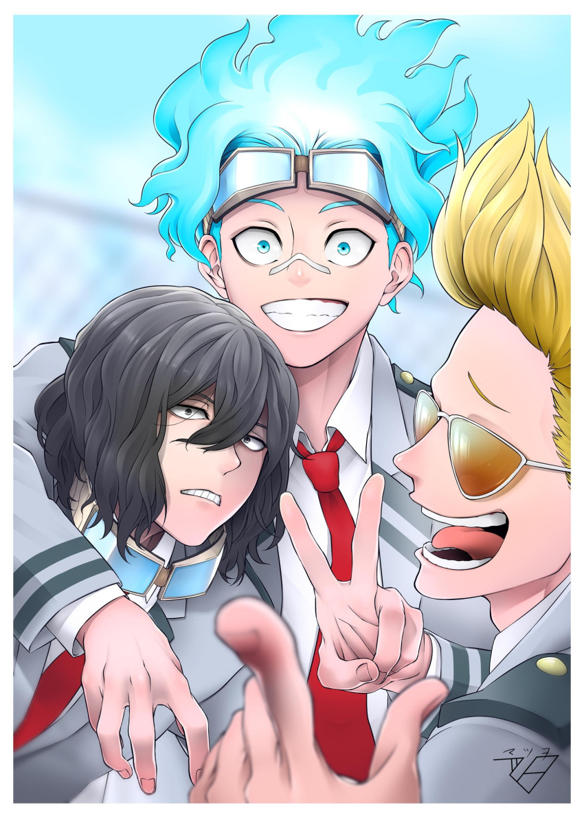 3boys absurdres aged_down bandaid bandaid_on_face bandaid_on_nose black_hair blonde_hair blue_eyes blue_hair blurry blurry_background boku_no_hero_academia commentary_request eraser_head_(boku_no_hero_academia) facial_hair frown goggles goggles_around_neck goggles_on_head grin hair_between_eyes highres long_hair long_sleeves loud_cloud male_focus messy_hair multiple_boys necktie outdoors present_mic quiff red_necktie school_uniform smile stubble sunglasses tongue tongue_out translation_request u.a._school_uniform unworn_eyewear v vigilante_-boku_no_hero_academia:_illegals- yugaminokuni