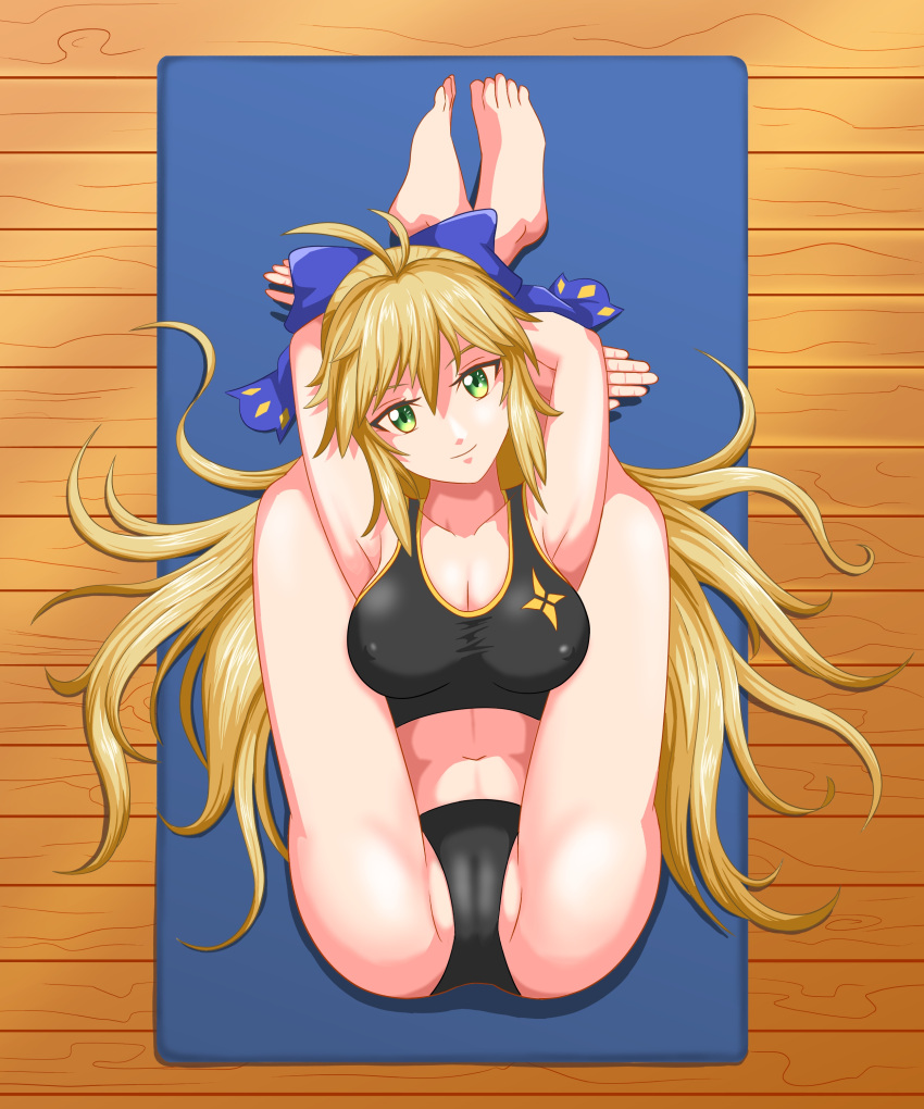 absurdres ahoge armpits arms_up artoria_caster_(fate) artoria_caster_(third_ascension)_(fate) artoria_pendragon_(fate) ass bare_shoulders barefoot black_buruma black_sports_bra blonde_hair blue_bow bow breasts buruma cleavage closed_mouth commission commissioner_upload fate/grand_order fate_(series) feet female flexible folded green_eyes hair_ornament hairbow heksaddict highres legs legs_behind_head long_hair looking_at_viewer lying md5_mismatch medium_breasts navel on_back pretzel_pose second-party_source smile solo sports_bikini sports_bra toes