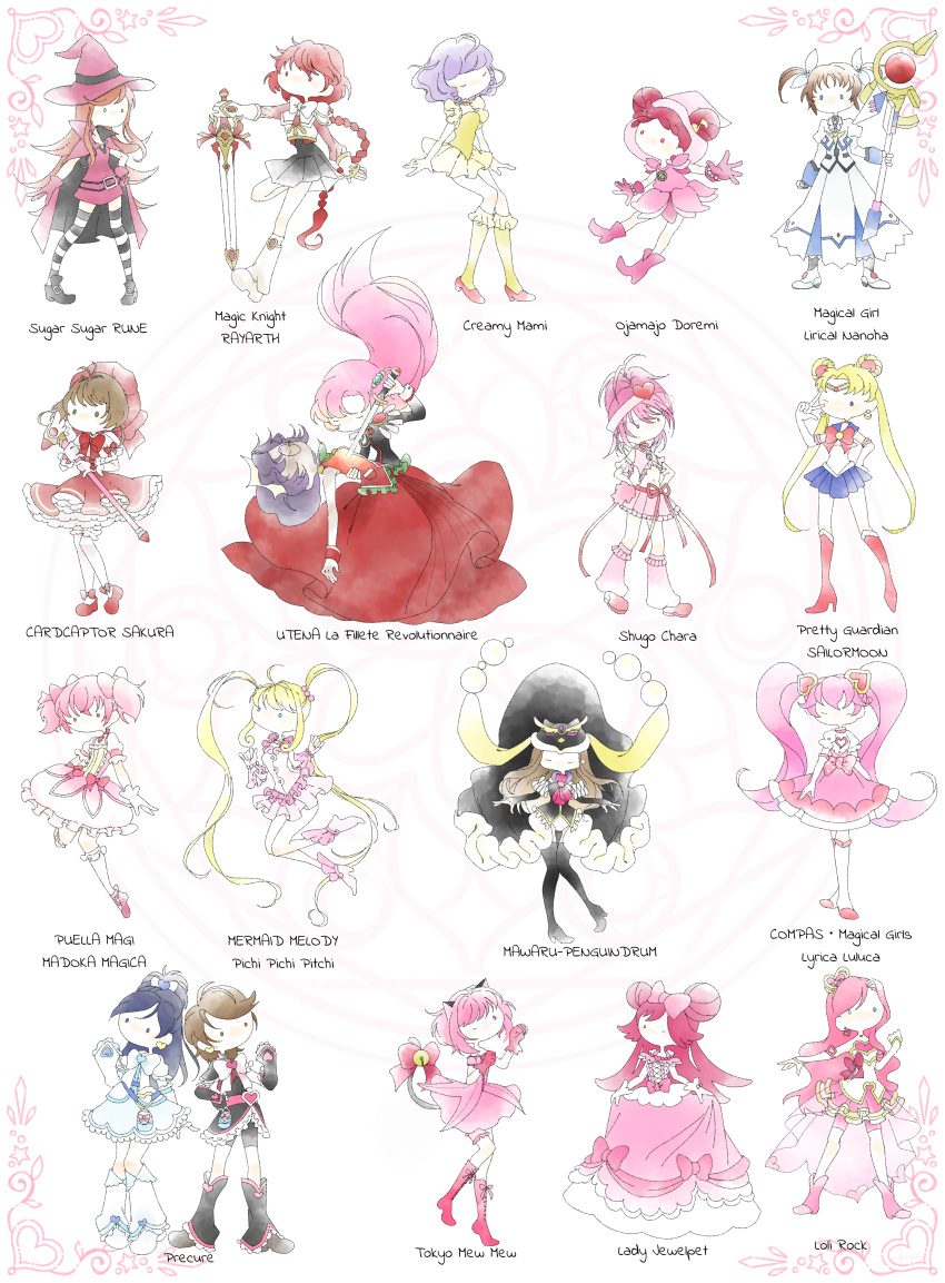 #compass 6+girls absurdres amulet_heart animal_ears annotated antenna_hair back_bow bell beret bishoujo_senshi_sailor_moon black_footwear black_jacket black_skirt blue_skirt boots bow braid brown_hair cardcaptor_sakura cat_ears cat_girl cat_tail chocolat_meilleure closed_eyes commentary_request copyright_name creamy_mami crossover cure_black cure_white dark-skinned_female dark_skin double_bun drawing_sword dress earrings elbow_gloves epaulettes footwear_bow futari_wa_precure futari_wa_precure_max_heart fuuin_no_tsue glasses gloves hair_bun hair_ornament hairbow harukaze_doremi hat heart heart_earrings heart_hair_ornament highres himemiya_anthy hinamori_amu holding holding_sword holding_weapon human_scabbard humpty_lock_(shugo_chara!) invisible_chair iris_(lolirock) jacket jewelpet_(series) jewelry jingle_bell kaname_madoka kaname_madoka_(magical_girl) kinomoto_sakura lady_jewelpet leg_up leotard lolirock long_hair long_sleeves lyrical_nanoha magic_knight_rayearth magical_girl mahou_no_tenshi_creamy_mami mahou_shoujo_lyrical_nanoha mahou_shoujo_madoka_magica mahou_shoujo_madoka_magica_(anime) mary_janes mawaru_penguindrum mermaid_melody_pichi_pichi_pitch mew_ichigo miniskirt misumi_nagisa momomiya_ichigo momona morisawa_yuu multiple_crossover multiple_girls nanami_lucia nanami_lucia_(idol) necklace no_mouth odd_one_out ojamajo_doremi one_eye_closed pink_bow pink_dress pink_hair pink_headwear pink_skirt pleated_skirt precure princess_of_the_crystal purple_hair raising_heart raising_heart_(accel_mode)_(2nd) rapier red_bow red_dress red_footwear red_hair red_shirt ribbon ririka_(#compass) round_eyewear sailor_moon sailor_senshi_uniform school_uniform sekai_wo_kakumei_suru_chikara_wo shidou_hikaru shirt shoes short_hair shoujo_kakumei_utena shugo_chara! sitting skirt standing striped_clothes striped_thighhighs sugar_sugar_rune sword sword_of_dios syu-fu tail tail_bell tail_bow tail_ornament takamachi_nanoha takamachi_nanoha_(sacred_mode)_(2nd) tenjou_utena thighhighs tokyo_mew_mew tsukino_usagi twintails typo very_long_hair w w_over_eye weapon white_bow white_dress white_footwear white_gloves white_leotard white_ribbon witch_hat yellow_legwear yukishiro_honoka