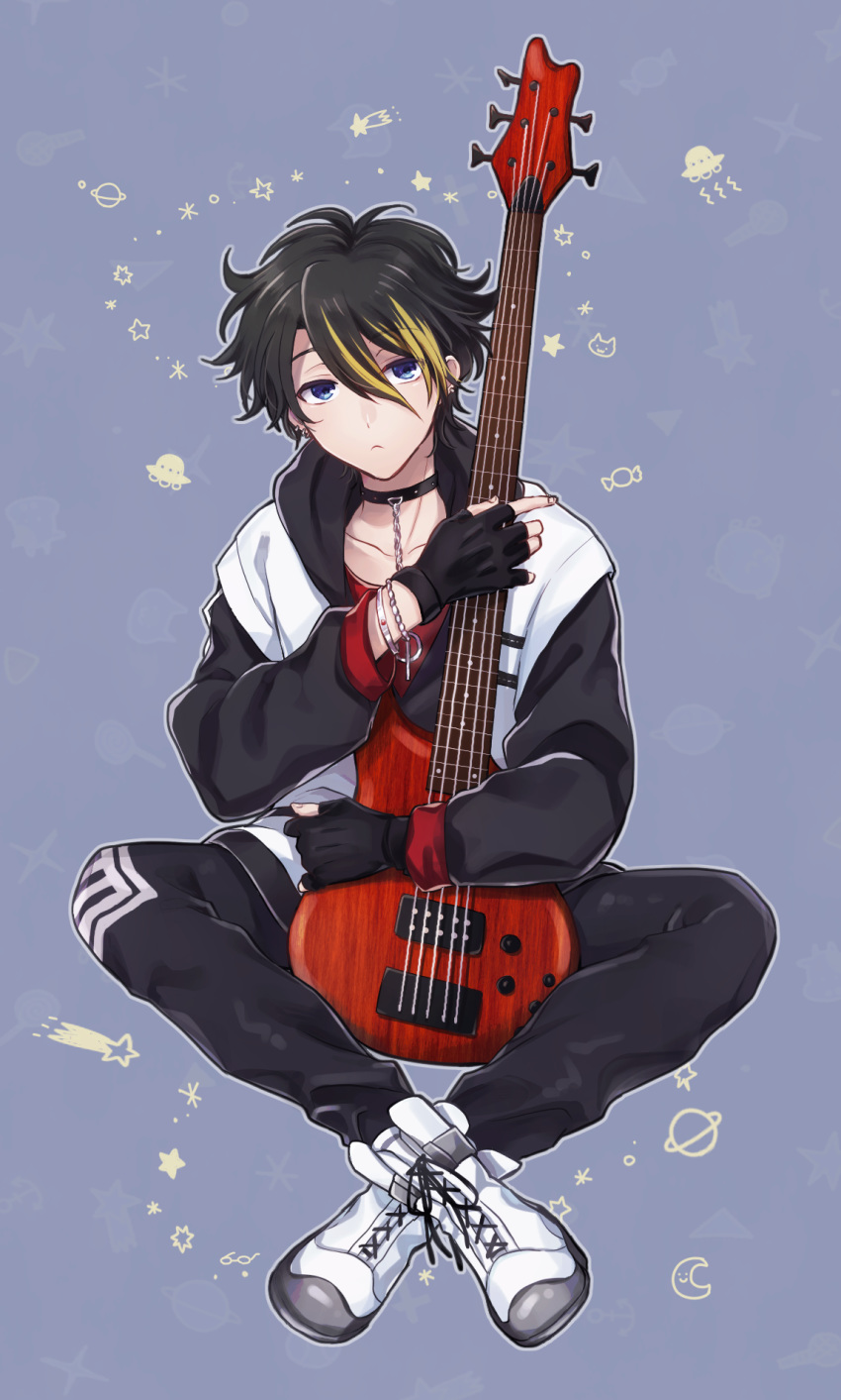 1boy akebono_ryo bad_id bad_pixiv_id bass_guitar black_hair blonde_hair blue_background blue_eyes choker commentary_request expressionless fingerless_gloves from_argonavis full_body gloves highres hugging_object instrument male_focus minakawa69 multicolored_hair planet shoes sitting sneakers star_(symbol) ufo