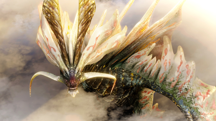 16:9 2022 3d_(artwork) 4k absurd_res amatsu_(mh) ambiguous_gender capcom cloud detailed_background digital_media_(artwork) elder_dragon feral fin floating flying gold_scales green_body green_scales hi_res horn ivorylagiacrus looking_at_viewer monster_hunter outside scales scalie sky skyscape solo widescreen