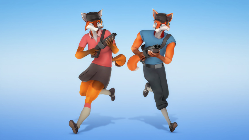 16:9 2021 3d_(artwork) absurd_res anthro belt black_nose blue_clothing blue_eyes bottomwear canid canine cheek_tuft clothed clothing digital_media_(artwork) duo electronics facial_tuft female fox fur furgonomics gold97fox gun hat headgear headphones headset headwear hi_res holding_object holding_weapon looking_at_another male mammal orange_body orange_fur pants ranged_weapon red_clothing red_fox running scout_(team_fortress_2) skirt source_filmmaker_(artwork) tail tail_through_skirt team_fortress_2 topwear true_fox tuft valve warfare_machine weapon white_body white_fur widescreen