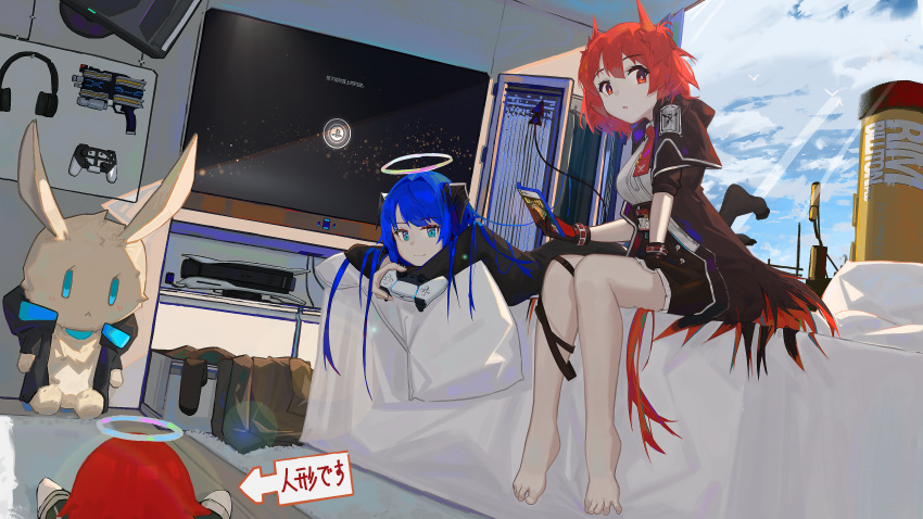 2girls absurdres airnery arknights arrow_(symbol) barefoot between_legs black_gloves black_jacket black_legwear black_skirt blue_eyes blue_hair blue_sky breasts choshanland_plushy_(arknights) cloud cloudy_sky commentary_request controller day demon_girl demon_horns demon_tail diendriver fiammetta_(arknights) flat_screen_tv game_console game_controller gloves gun hair_between_eyes halo hand_between_legs headphones highres holding holding_controller horns indoors jacket kamen_rider kamen_rider_dcd long_hair looking_at_viewer lying medium_breasts mostima_(arknights) multiple_girls no_shoes on_stomach open_clothes open_jacket parted_lips playstation_5 red_eyes red_hair shirt sitting skirt sky stuffed_animal stuffed_rabbit stuffed_toy tail television thighhighs weapon white_shirt window