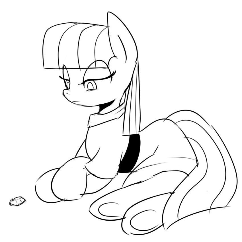 1:1 2014 bangs black_and_white boulder_(mlp) clothing earth_pony equid equine eyelashes feral friendship_is_magic half-closed_eyes hasbro hi_res hooves horse looking_down lying mammal marenlicious maud_pie_(mlp) monochrome my_little_pony narrowed_eyes pony rock simple_background solo underhoof white_background