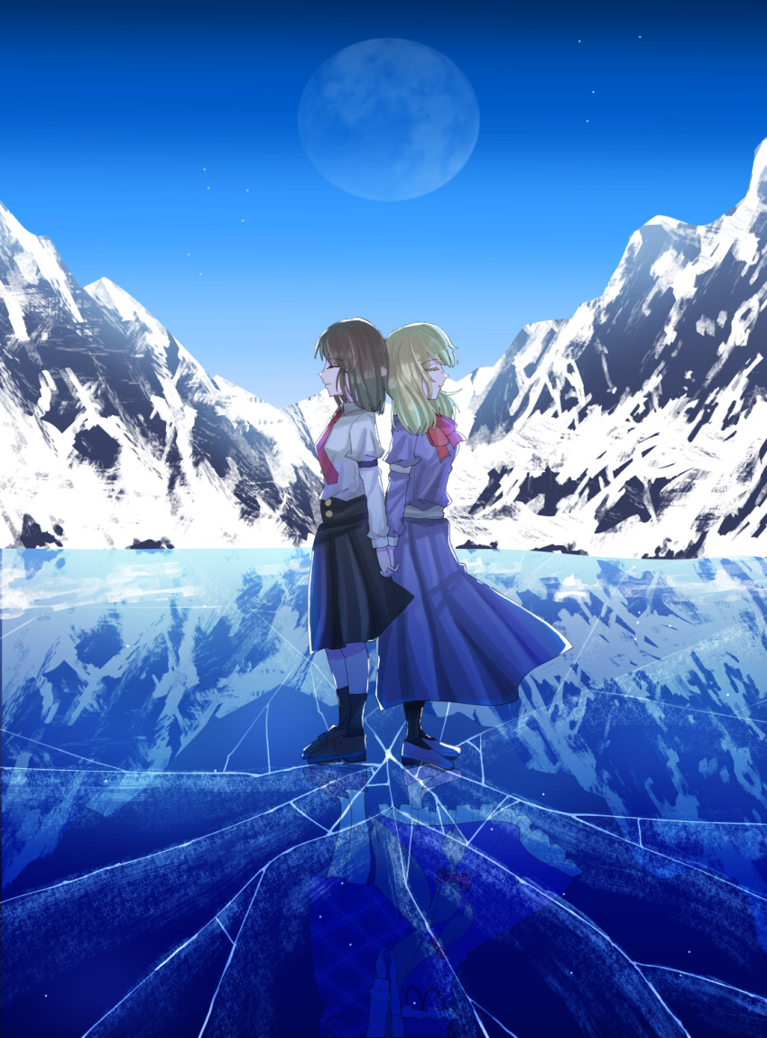 2girls back-to-back black_skirt black_socks blonde_hair blue_moon bow bowtie brown_footwear brown_hair closed_eyes closed_mouth collared_shirt dress erisauria from_side frozen_lake full_body full_moon highres holding_hands lake landscape long_skirt maribel_hearn medium_hair moon mountain multiple_girls nature necktie no_headwear outdoors profile puffy_short_sleeves puffy_sleeves purple_dress red_bow red_bowtie red_necktie reflection ribbon scenery shattered shirt shoes short_sleeves skirt snow socks standing star_(sky) touhou usami_renko usami_sumireko white_footwear white_shirt winter yakumo_yukari