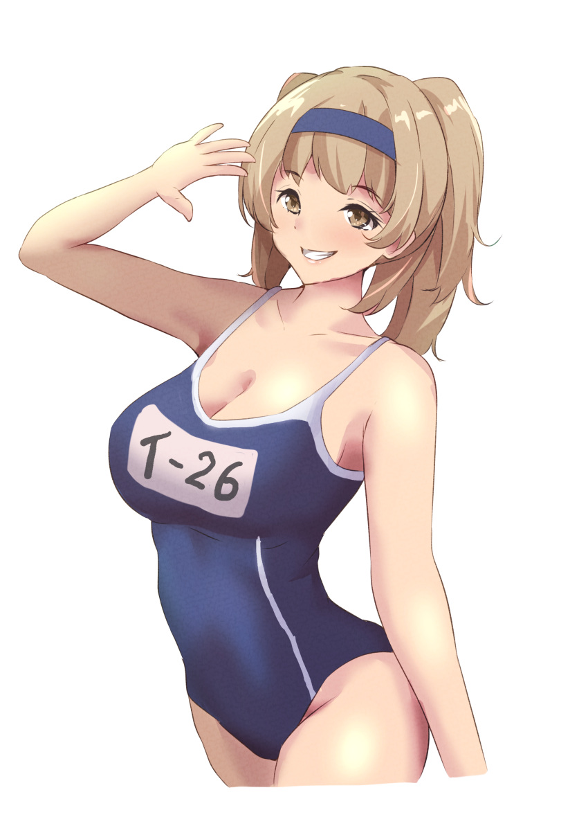 absurdres blue_one-piece_swimsuit breasts brown_eyes cleavage collarbone commentary_request competition_school_swimsuit cowboy_shot cropped_legs female hairband highres i-26_(kancolle) kamikitayotsuba kantai_collection large_breasts light_brown_hair lips long_hair looking_at_viewer name_tag new_school_swimsuit one-hour_drawing_challenge one-piece_swimsuit parted_lips salute school_swimsuit simple_background smile solo swimsuit two_side_up white_background