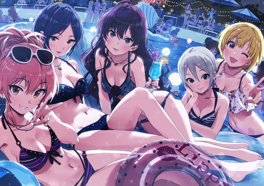 6+girls :3 abe_nana ahoge backlighting bikini black_eyes black_hair blonde_hair blue_eyes blush breasts brown_hair chair cleavage commentary_request cup dark_illuminate_(idolmaster) drinking_glass drinking_straw dutch_angle earrings eyewear_on_head front-tie_top futaba_anzu green_eyes grey_hair grin group_name hair_between_eyes hair_bun halterneck hayami_kanade highres honda_mio hoshi_syoko hurricane_glass ichinose_shiki idolmaster idolmaster_cinderella_girls idolmaster_cinderella_girls_starlight_stage igarashi_kyoko inflatable_raft innertube jewelry jougasaki_mika kamiya_nao kanzaki_ranko katagiri_sanae kawaii_boku_to_142's_(idolmaster) kawashima_mizuki kohinata_miho koshimizu_sachiko lipps_(idolmaster) lipstick_mark long_hair looking_at_viewer lounge_chair lying medium_breasts miyamoto_frederica moroboshi_kirari multiple_girls navel necklace night night_sky ninomiya_asuka one_eye_closed open_mouth outdoors parasol parted_bangs parted_lips pink_check_school_(idolmaster) polka_dot_innertube pool poolside sato_shin shibuya_rin shimamura_uzuki shiomi_syuko shirasaka_koume short_hair side-tie_bikini_bottom single_hair_bun sitting sky smile sonsoso striped sunglasses swim_ring swimsuit takagaki_kaede takamori_aiko triad_primus_(idolmaster) umbrella unworn_eyewear v wading water wavy_hair yellow_eyes yoi_otome_(idolmaster)