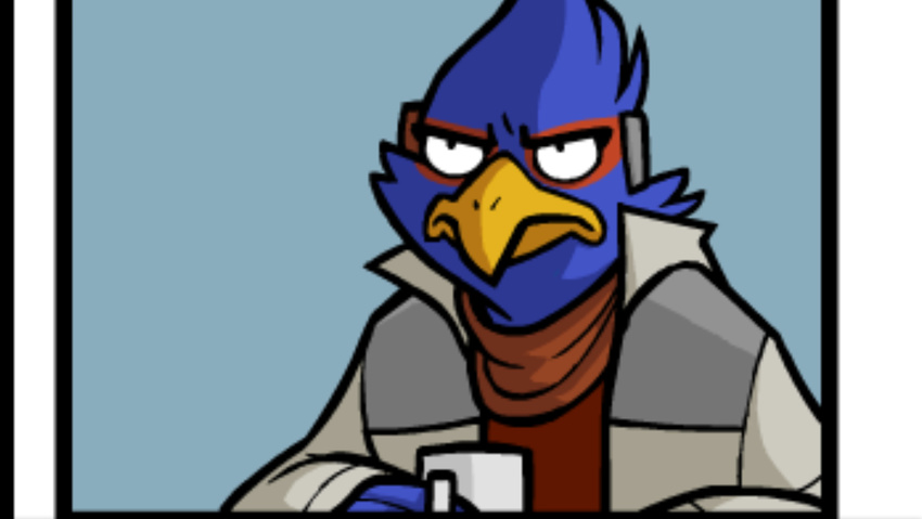 angry annoyed anthro avian awkwardzombie beverage bird blue_body blue_feathers clothing coffee_cup container cup falco_lombardi falcon falconid feathers food gloves handwear holding_container holding_cup holding_object katie_tiedrich male mammal nintendo star_fox