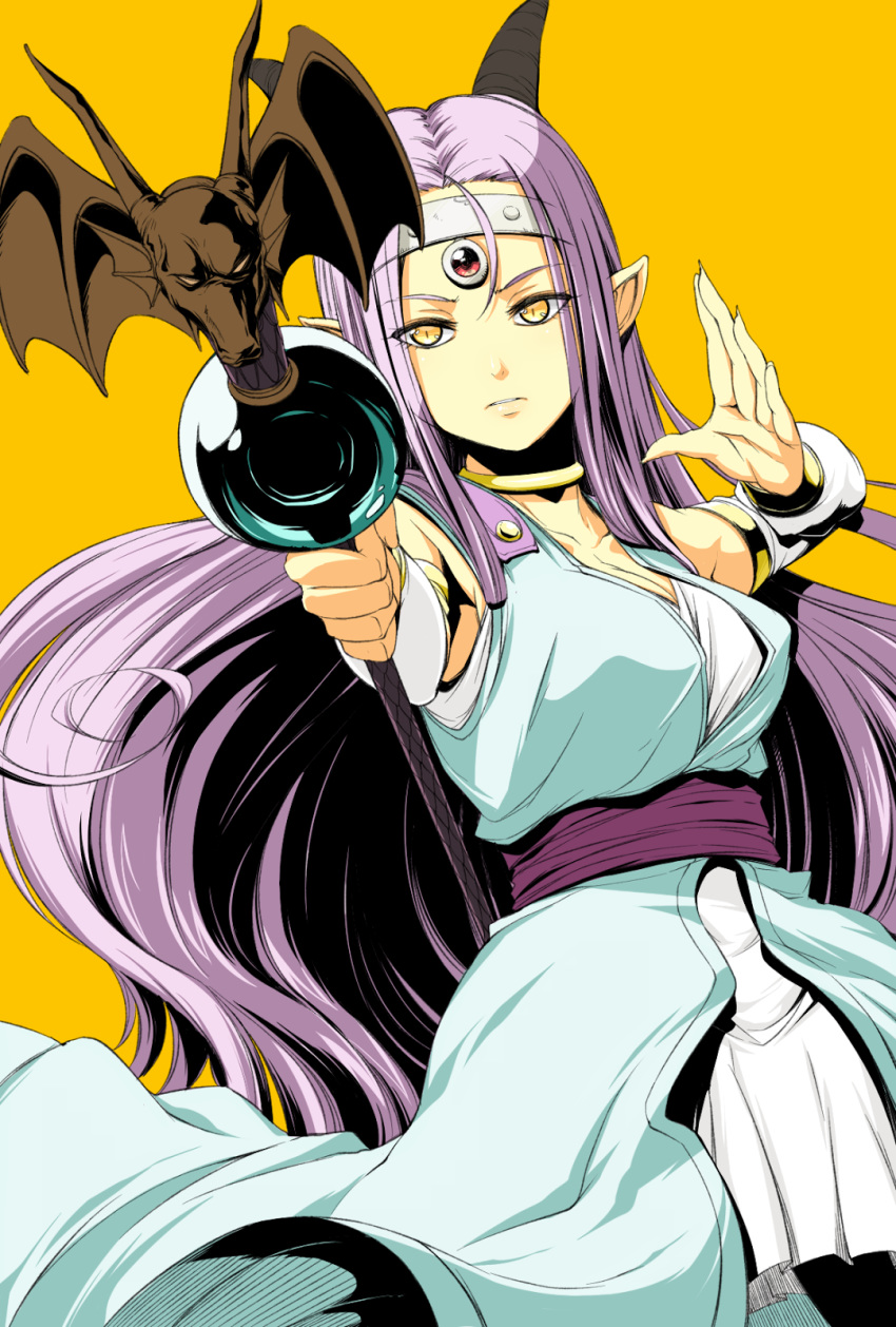 breasts cleavage collarbone detached_sleeves dragon_quest dragon_quest_x dress estella_(dq10) eyes_visible_through_hair female gem gradient gradient_background headband highres holding holding_staff horns jewelry long_hair long_sleeves neck_ring pointy_ears purple_hair sash solo staff straight_hair white_dress yellow_eyes