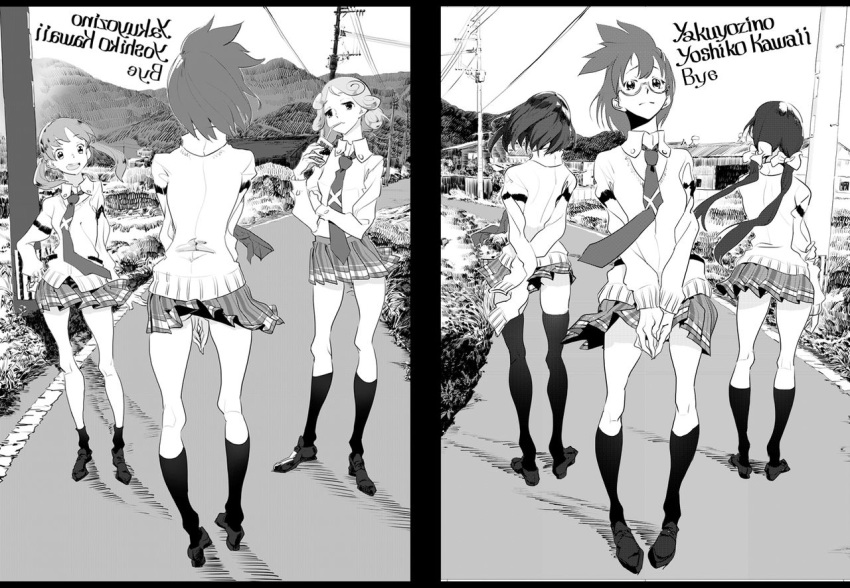 5girls arm_grab arms_behind_back artist_name bow building cardigan character_name curly_hair day dress_shirt drinking drinking_straw english_text ezaki_hitomi glasses greyscale hairbow hanada_kirame hand_on_own_hip juice_box kneehighs loafers long_sleeves looking_at_another looking_at_viewer miniskirt mirrored_text monochrome mountain multiple_girls multiple_views necktie outdoors pleated_skirt print_necktie road saki_(manga) saki_achiga-hen semi-rimless_eyewear shirouzu_mairu shirt shoes skirt sleeves_past_wrists socks spiked_hair striped_clothes striped_skirt symmetry tsuruta_himeko twintails under-rim_eyewear utility_pole v_arms wind wing_collar yaku_yojino yasukouchi_yoshiko