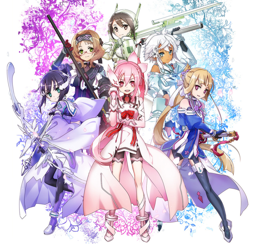 5girls akihara_sekka aqua_eyes arrow_(projectile) black_hair blush bow_(weapon) bunbun dark-skinned_female dark_skin flower flower_request full_body glasses green_eyes hair_flower hair_ornament hair_ribbon headband highres kohagura_natsume kusunoki_mebuki kusunoki_mebuki_wa_yuusha_de_aru long_hair magical_girl multiple_girls nogi_wakaba nogi_wakaba_wa_yuusha_de_aru nunchaku official_art pink_eyes pink_hair polearm purple_eyes ribbon short_hair sword tan time_paradox washio_sumi washio_sumi_wa_yuusha_de_aru weapon white_hair yuuki_yuuna yuuki_yuuna_wa_yuusha_de_aru yuuki_yuuna_wa_yuusha_de_aru:_hanayui_no_kirameki yuusha_de_aru