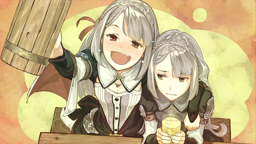 2girls :d arm_around_shoulder atelier_(series) atelier_escha_&_logy beer_mug blush braid crown_braid cup drinking drunk game_cg glass grey_hair hair_ornament hair_ribbon hidari_(left_side) holding holding_cup linca_(atelier) linca_(eighth)_(atelier) linca_(third)_(atelier) long_hair mug multiple_girls nose_blush official_art open_mouth red_eyes ribbon siblings sisters smile twins upper_body wavy_mouth yellow_eyes