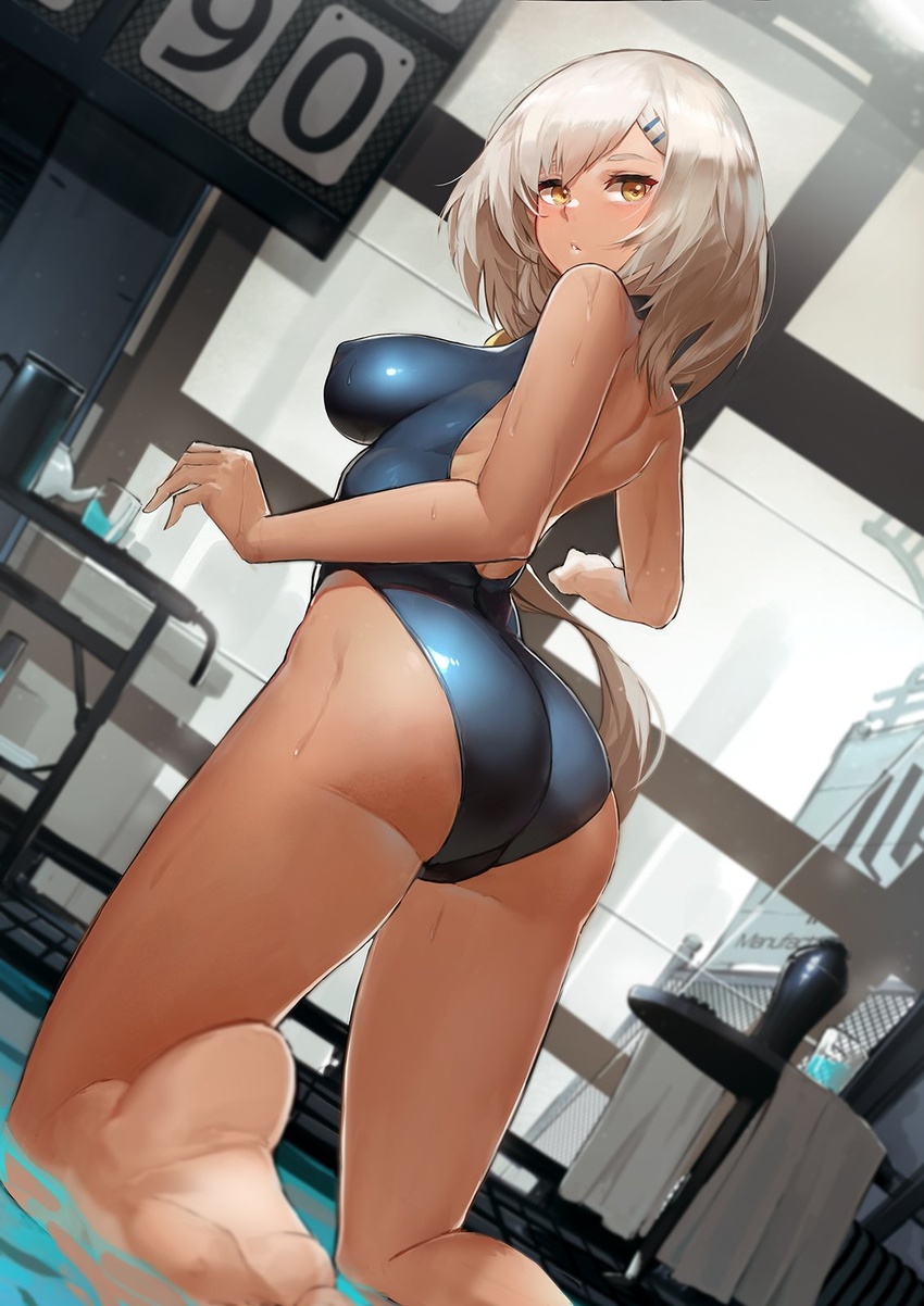 ass bare_legs barefoot blue_swimsuit blurry blurry_background blurry_foreground breasts brown_hair commentary competition_swimsuit depth_of_field dutch_angle erect_nipples female foreshortening from_behind girls_frontline hair_ornament hairclip highres impossible_clothes impossible_swimsuit indoors kneeling large_breasts long_hair looking_back mossberg_m590_(girls_frontline) one-piece_swimsuit pandea_work parted_lips solo sunburn swimsuit yellow_eyes