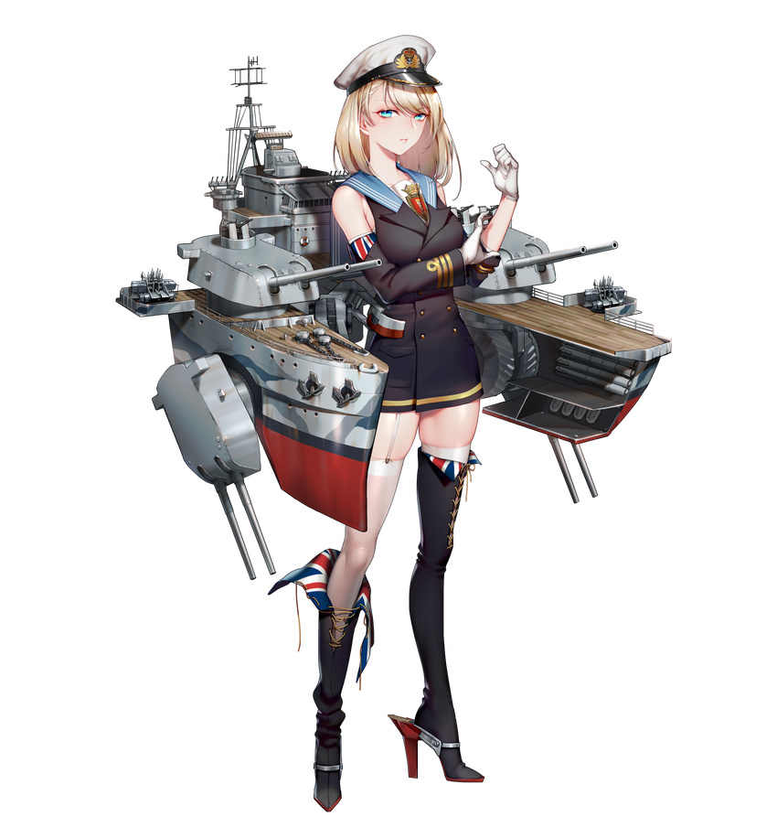 absurdres aqua_eyes asymmetrical_footwear battleship_girl black_dress black_footwear blonde_hair boots breasts buttons cannon chains closed_mouth collarbone commentary_request cross-laced_footwear detached_sleeves double-breasted dress emblem eyebrows female full_body garter_straps gloves hat high_heels highres hms_norfolk_(78)_(battleship_girl) knee_boots knees lace-up_boots legs_apart lifebuoy looking_at_viewer mast medium_breasts microdress peaked_cap pocket pout quuni sailor_collar single_knee_boot sleeves_pushed_up solo standing swim_ring thigh_boots thighhighs transparent_background turret uneven_footwear union_jack untied white_gloves white_hat white_thighhighs