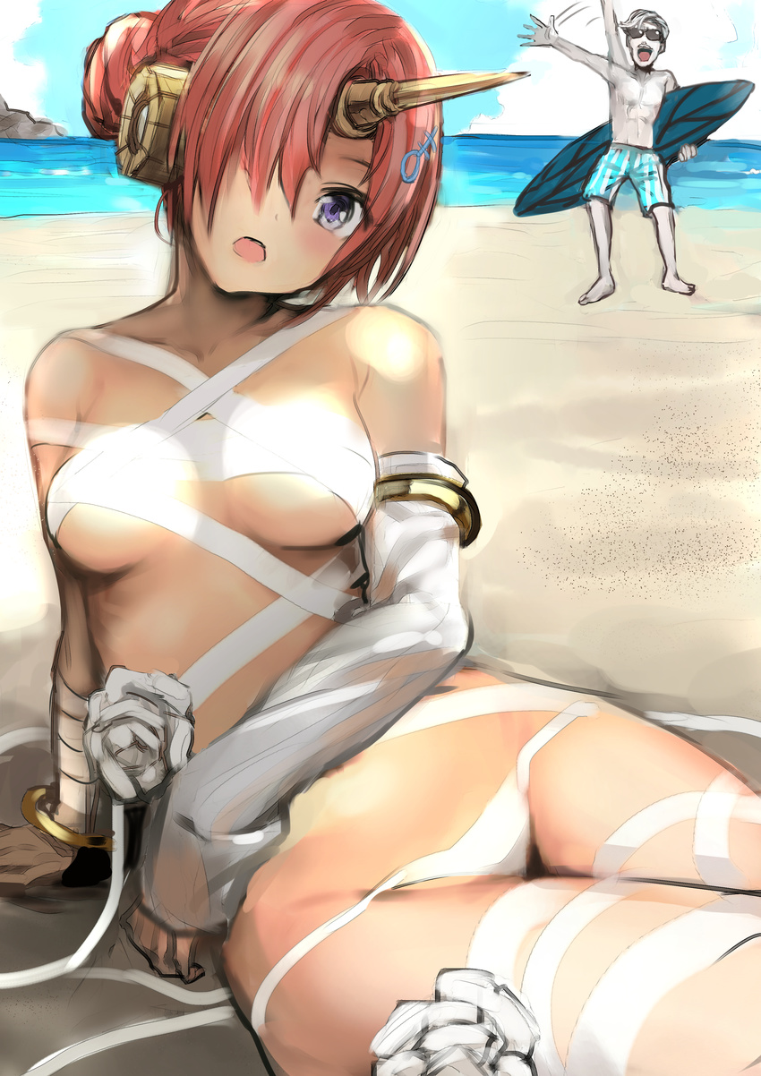 1boy :d absurdres akechi_shizuku arm_support arm_up bandaged_arm bandages beach bikini blush bracelet breasts commentary_request day detached_sleeves facial_hair fate/apocrypha fate/grand_order fate_(series) female flower frankenstein's_monster_(fate) frankenstein's_monster_(swimsuit_saber)_(fate) frankenstein's_monster_(swimsuit_saber)_(third_ascension)_(fate) hair_bun hair_ornament hair_over_one_eye highres horns james_moriarty_(archer)_(fate) jewelry looking_at_viewer lying mechanical_horns medium_breasts moustache ocean on_back open_mouth outdoors pink_hair purple_eyes short_hair shorts single_hair_bun single_horn smile solo_focus sunglasses surfboard swimsuit waving white_bikini white_flower white_hair