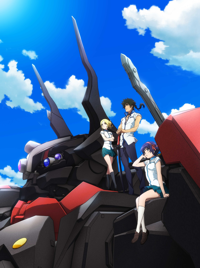 1boy 2girls absurdres black_hair blonde_hair blue_eyes cloud day hairband highres key_visual kuromukuro kuromukuro_(mecha) mecha multiple_girls official_art ouma_kennosuke_tokisada ponytail promotional_art purple_eyes robot school_uniform shirahane_yukina shirt short_hair short_sleeves side_ponytail sidelocks sky sophie_noel sword weapon