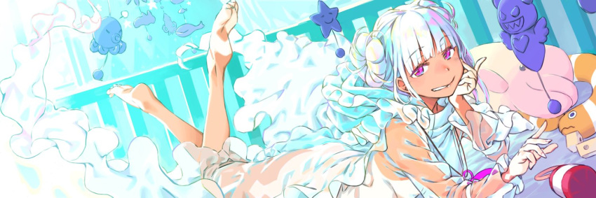 arm_support barefoot blunt_bangs coat dark-skinned_female dark_skin double_bun dress dutch_angle female fingernails haimura_kiyotaka hair_bun head_rest long_dress long_sleeves looking_at_viewer lying naked_coat naked_raincoat on_bed on_stomach pink_eyes raincoat salome_(toaru_majutsu_no_index) see-through smile solo stuffed_animal stuffed_toy the_pose toaru_majutsu_no_index toaru_majutsu_no_index:_new_testament white_hair