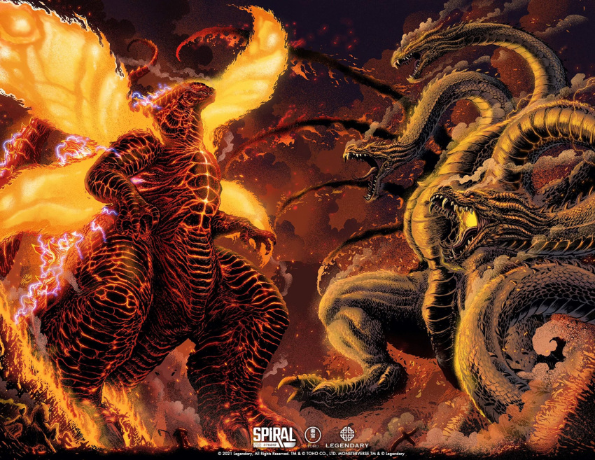 animal_ears battle bioluminescence burning_godzilla claws colored_sclera damaged destruction dragon dragon_horns dragon_wings electricity energy_wings fangs fire giant giant_monster glowing glowing_eyes glowing_mouth godzilla godzilla:_king_of_the_monsters godzilla_(monsterverse) godzilla_(series) gold_skin highres horns kaijuu king_ghidorah king_ghidorah_(monsterverse) matt_frank monster monsterverse multiple_heads multiple_tails no_humans open_mouth orange_eyes red_sclera scales sharp_teeth sky smoke spikes spines standing tail teeth wings yellow_eyes