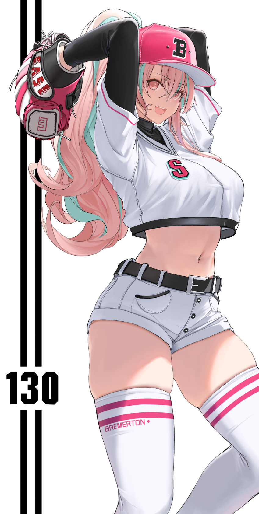 :d absurdres alternate_costume azur_lane baseball_cap baseball_mitt baseball_uniform belt black_belt black_stripes breasts bremerton_(azur_lane) cosplay crop_top crop_top_overhang cropped_shirt dishwasher1910 female green_hair hair_between_eyes hat highres intrepid_(azur_lane) intrepid_(azur_lane)_(cosplay) intrepid_(one_intrepid_pitch)_(azur_lane) large_breasts long_sleeves midriff multicolored_hair navel open_mouth pink_eyes pink_hair short_shorts shorts skindentation smile solo sportswear thighhighs thighs two-tone_hair white_background white_shorts white_thighhighs